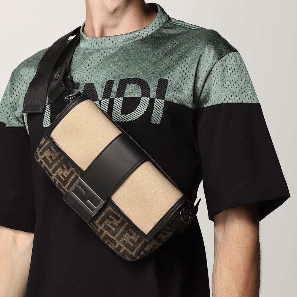 Fendi Baguette Jacquard FF Logo Canvas Convertible Crossbody Belt Bag